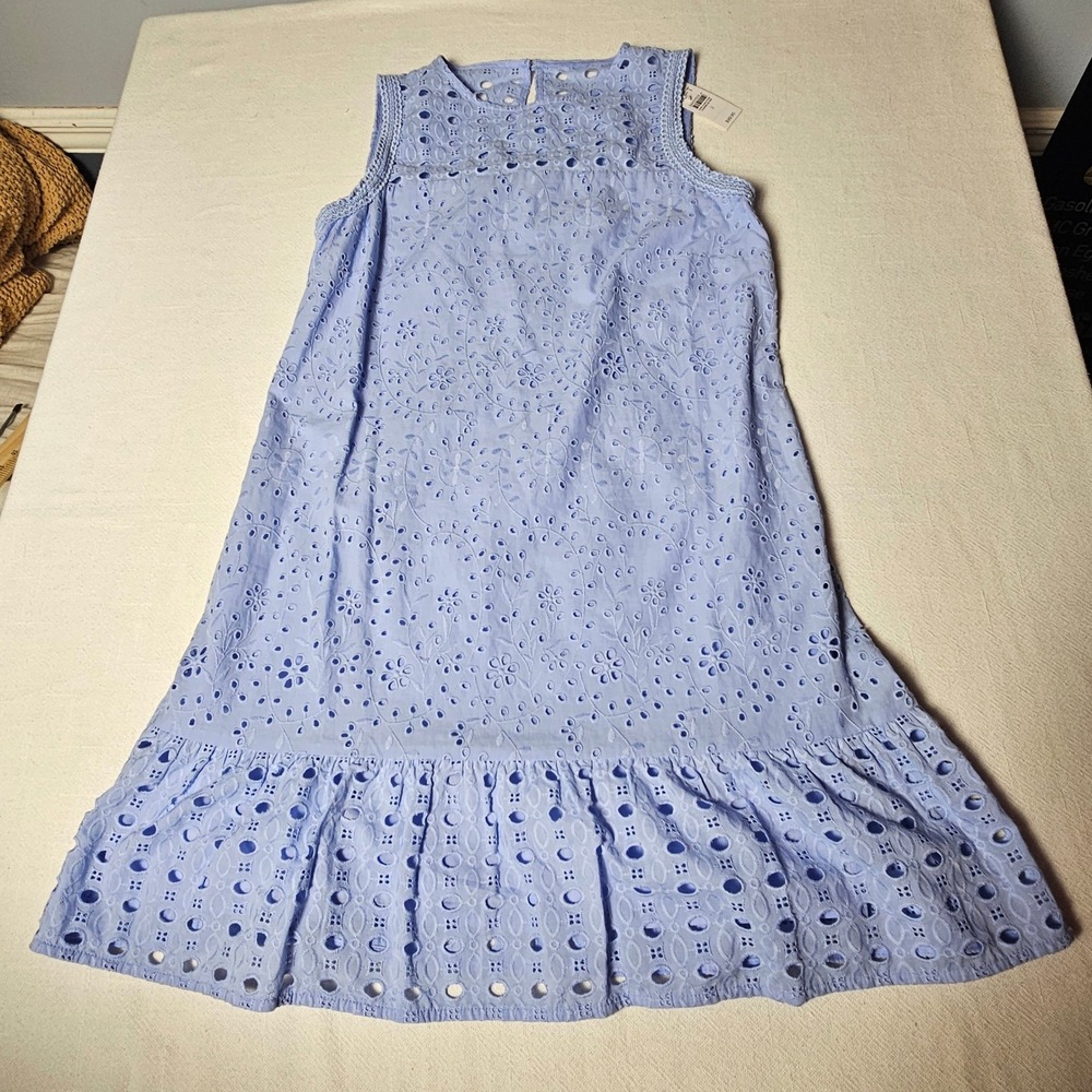 LOFT Womens Blue Eyelet Cotton Sleeveless Ruffle Hem Shift Dress Size 2 NWT